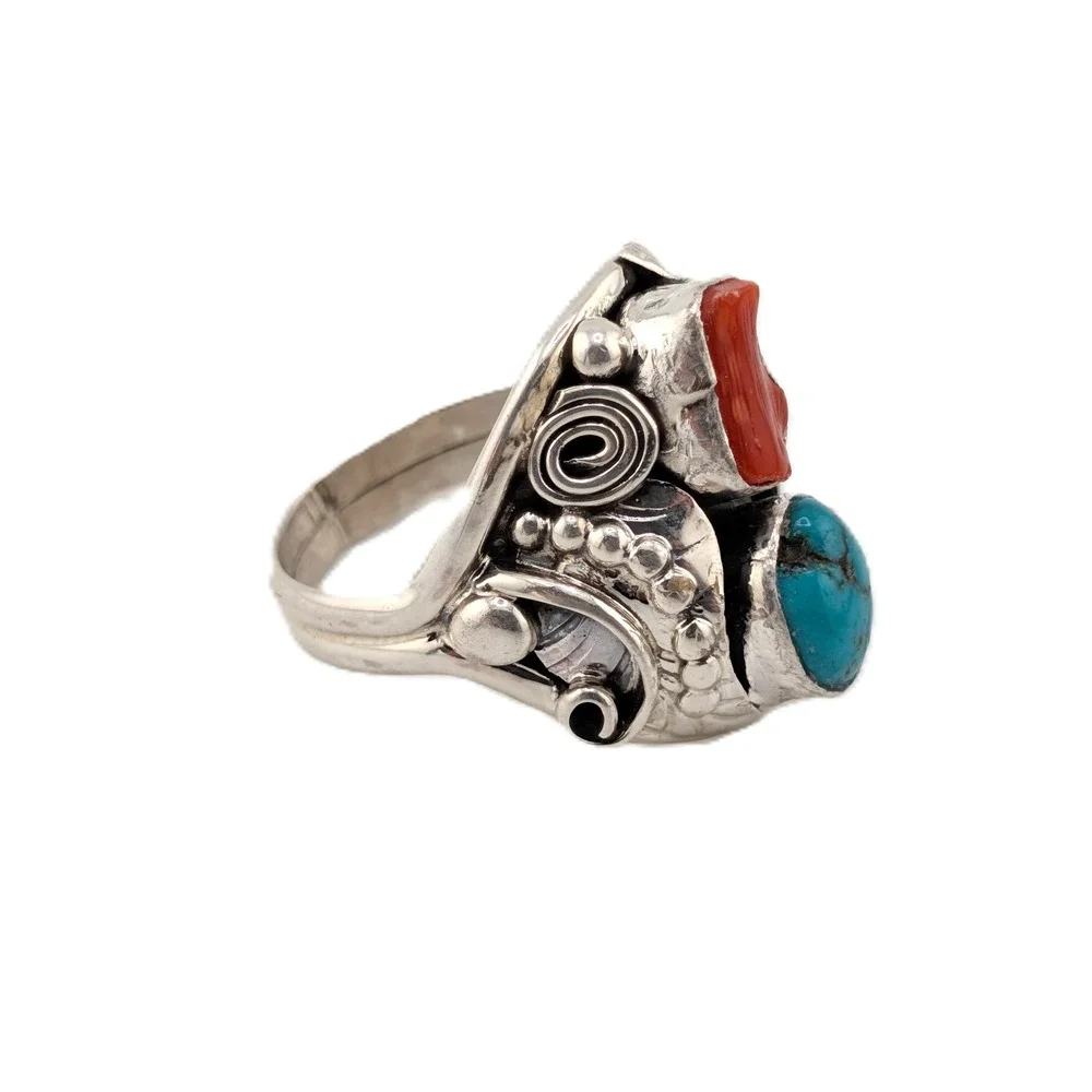 Heavy Sterling Silver Turquoise Coral Signet Ring Size 11 US**